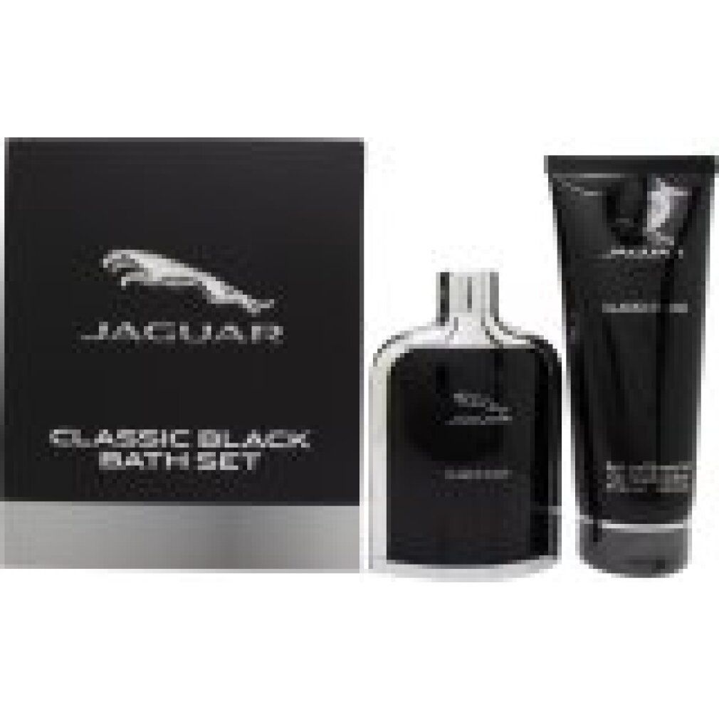 Ensemble de bain Jaguar Classic Black. Boîte, flacon et tube noirs. Logo et nom du produit visibles.