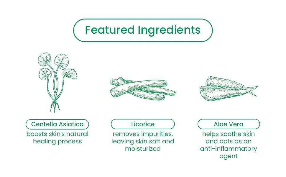Illustraties van Centella Asiatica, zoethout en aloë vera. Tekst: Featured Ingredients.