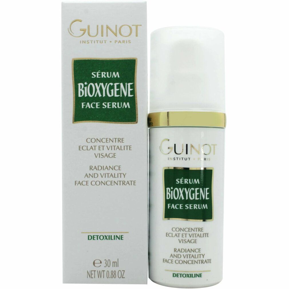 Serumfles en kartonnen verpakking. Wit, gouden ring, groen etiket. Guinot-logo. "Sérum Bioxygène Face Serum".