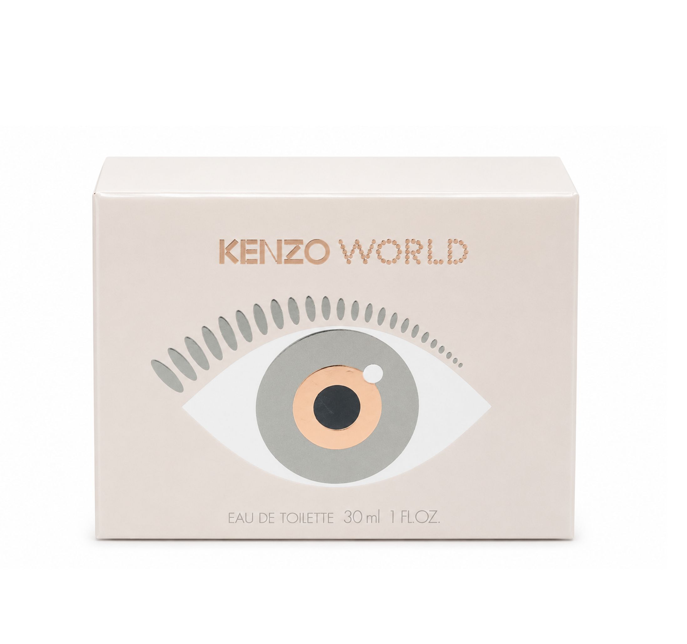 Kenzo World Eau de Toilette. Emballage rectangulaire avec motif d'œil et texte.