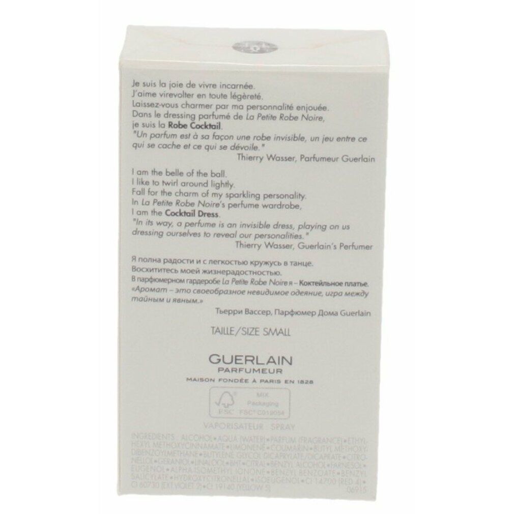 Boîte blanche avec texte. "Guerlain" et "La Petite Robe Noire" visibles. Texte multilingue.