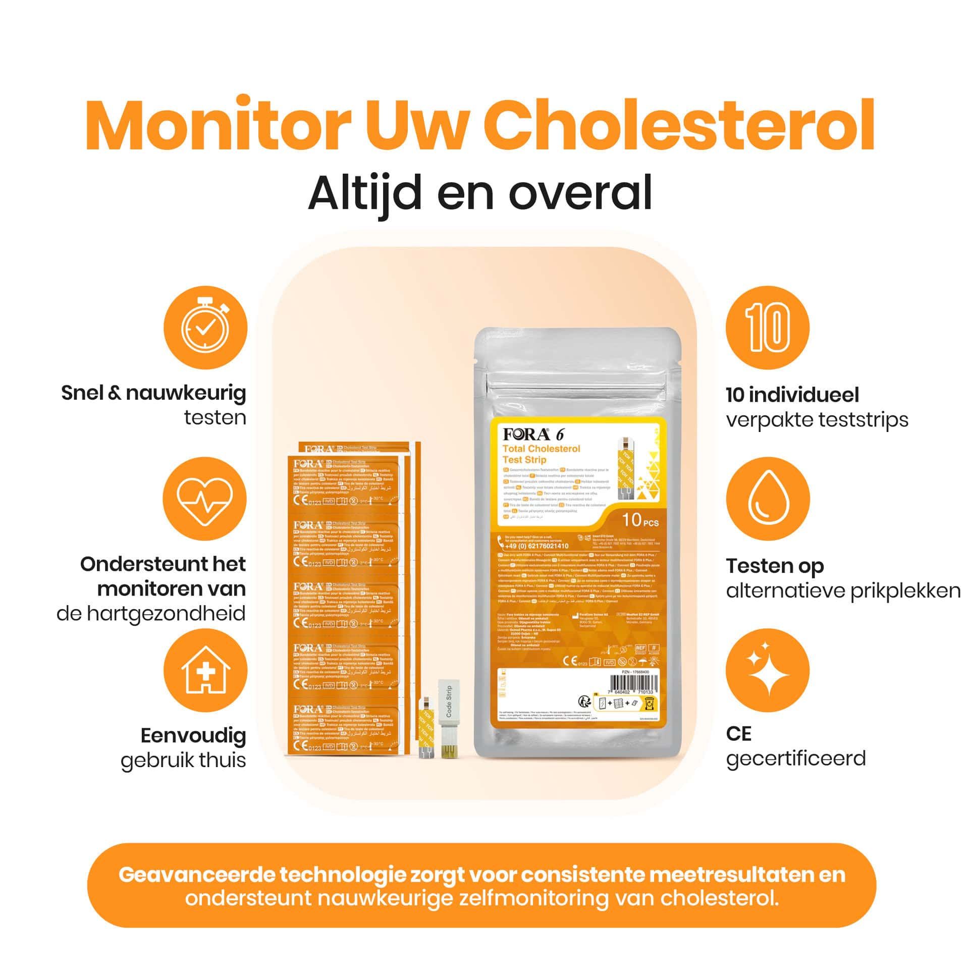 FORA 6 Cholesterol teststrips: 10 individueel verpakte strips. Testen op alternatieve prikplekken.