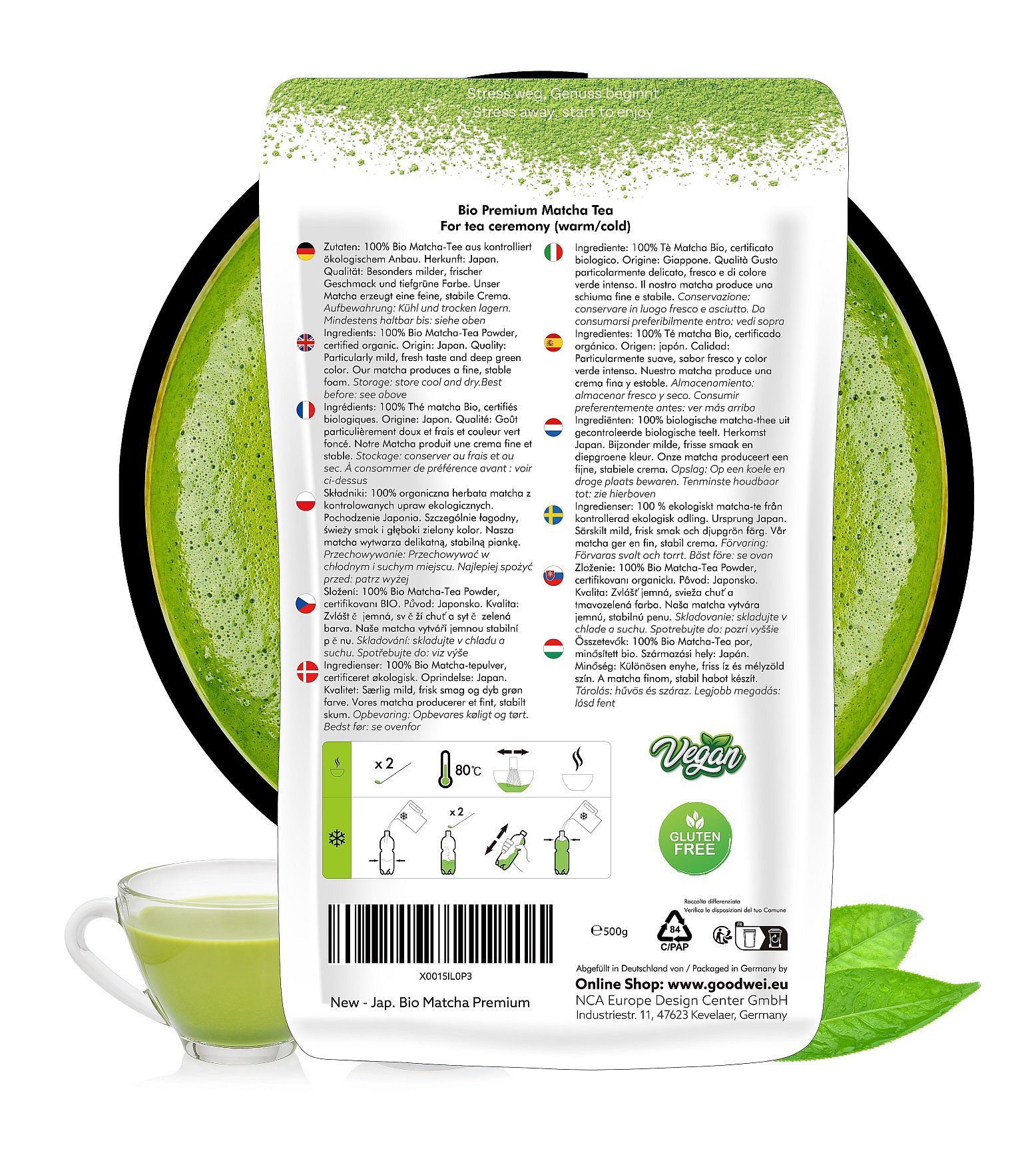 Achterkant van de Goodwei Bio Matcha Tea verpakking. Meertalige tekst, bereidingsinformatie, veganistisch en glutenvrij.