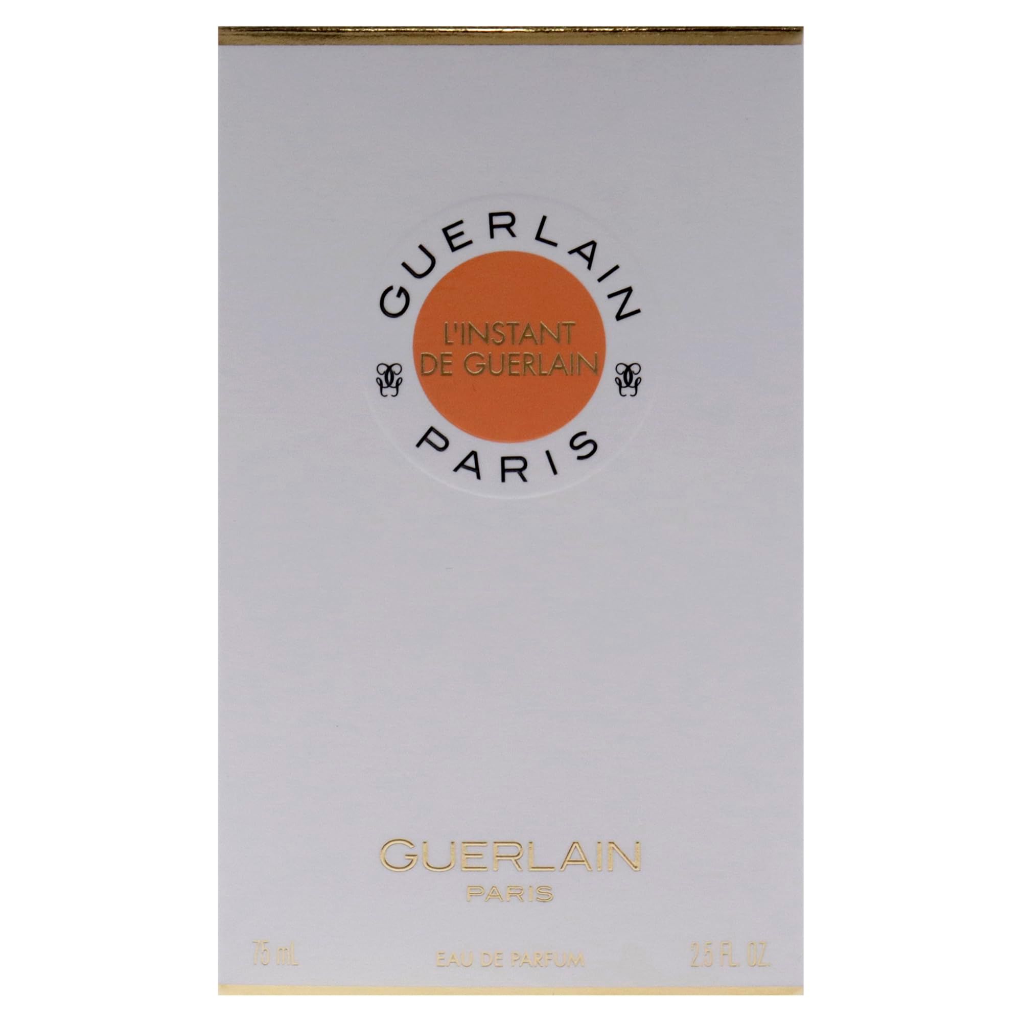 Verpakking met logo en tekst. Opschrift: Guerlain L'Instant de Guerlain Paris. Oranje cirkel.