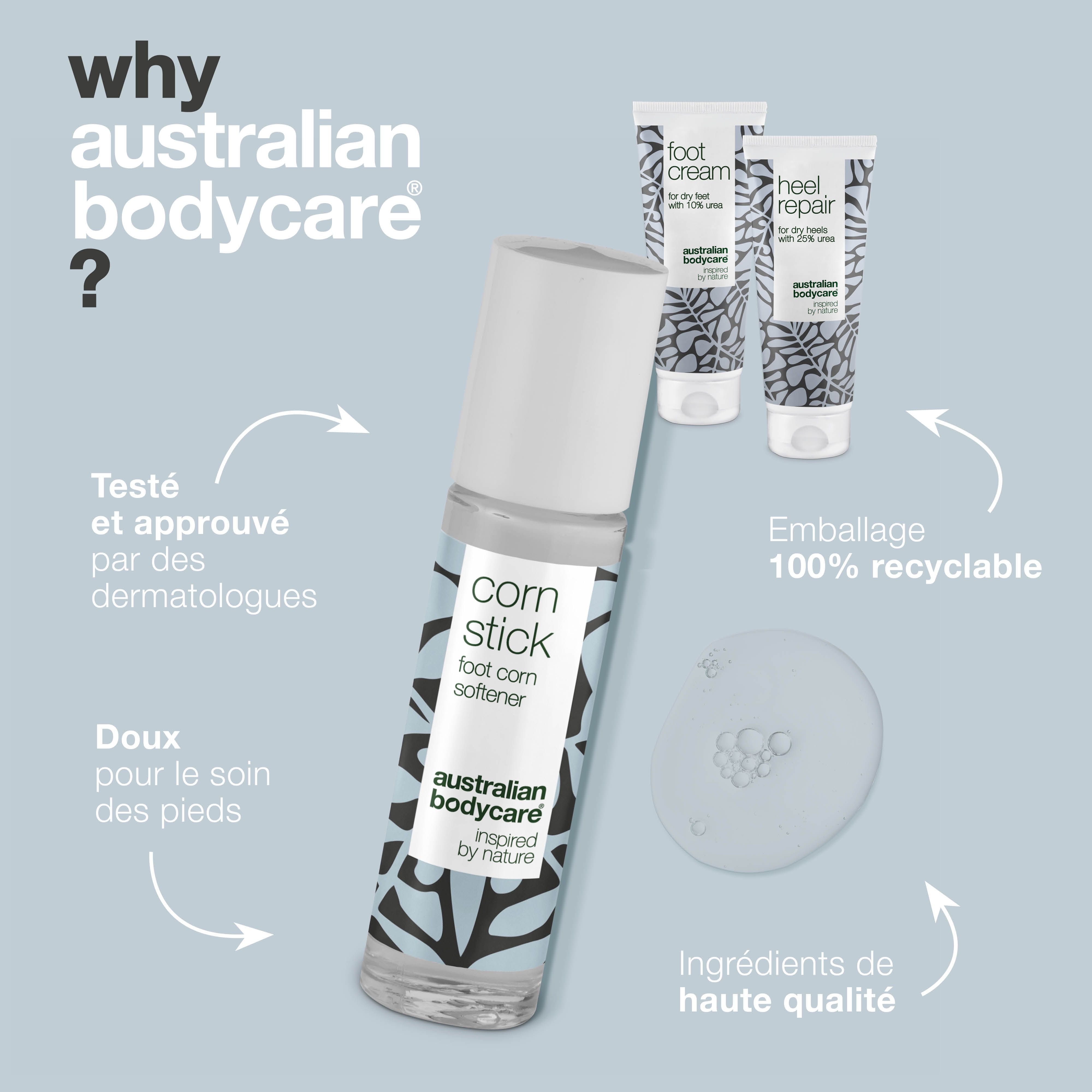 Corn Stick et produits. Texte : Pourquoi Australian Bodycare ? Fond bleu.