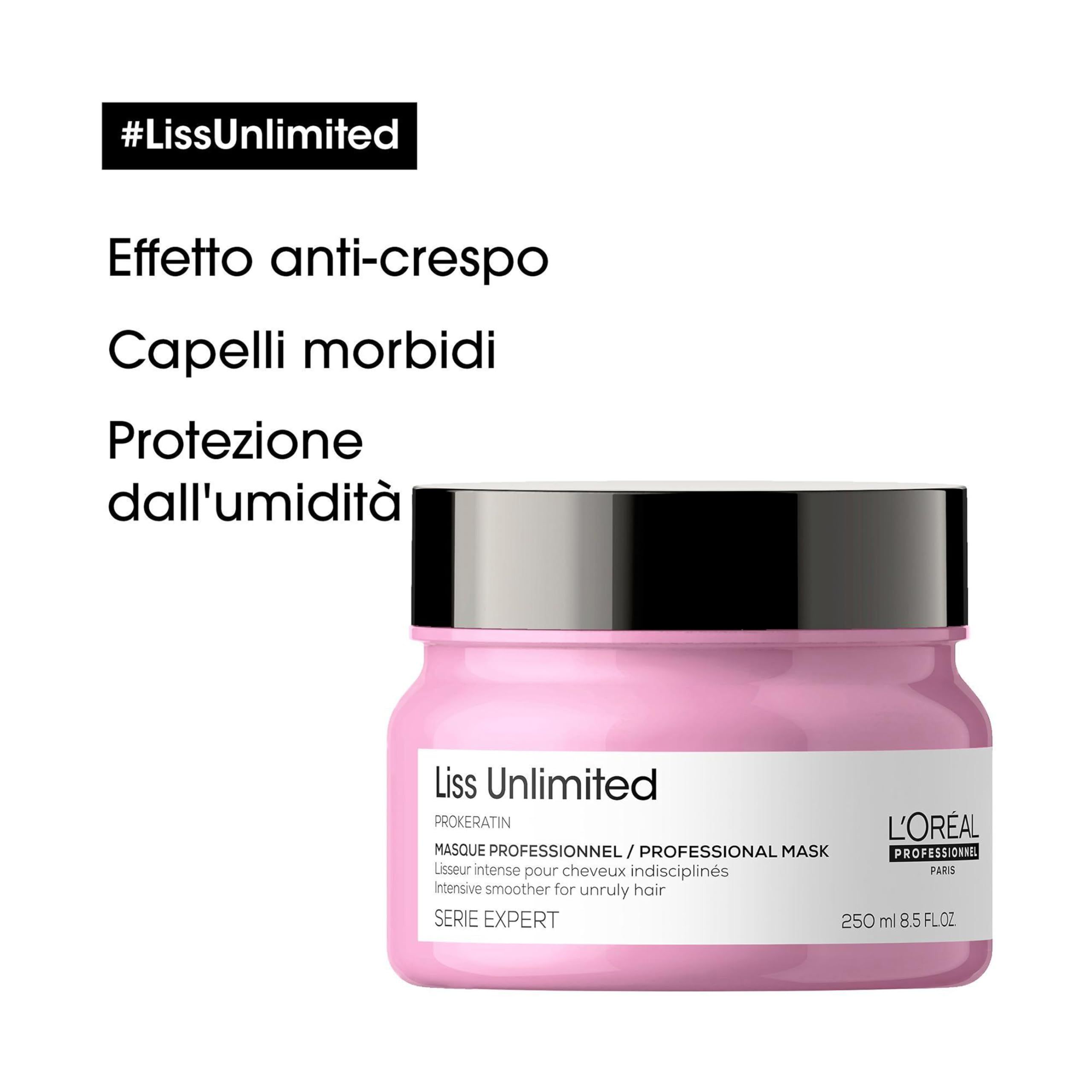 Roze pot met zwarte deksel. Tekst: #LissUnlimited, Effetto anti-crespo, Capelli morbidi, Protezione dall'umidità.