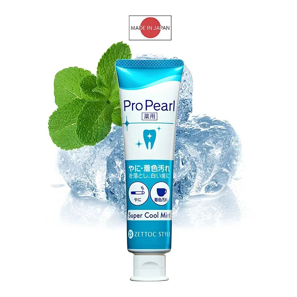 Tube de dentifrice ProPearl Super Cool Mint, entouré de glaçons et de feuilles de menthe. Inscription japonaise, Fabriqué au Japon.