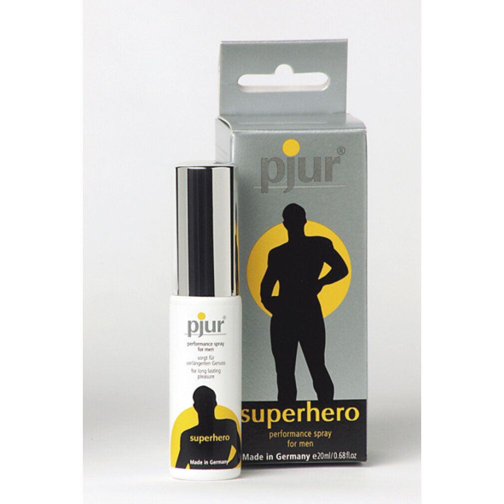 pjur superhero Performance Spray et boîte. Flacon pulvérisateur et boîte avec texte et silhouette. Pour hommes. Fabriqué en Allemagne.