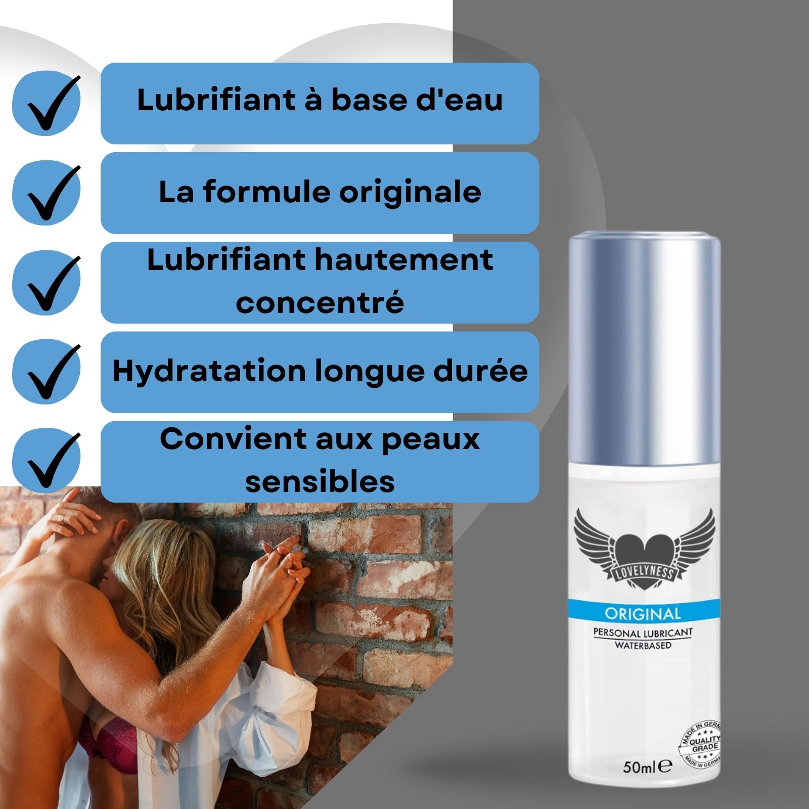Flacon de lubrifiant avec bouchon argenté. Inscription : ORIGINAL, PERSONAL LUBRICANT WATERBASED. Logo d'ailes. Couple s'embrassant.
