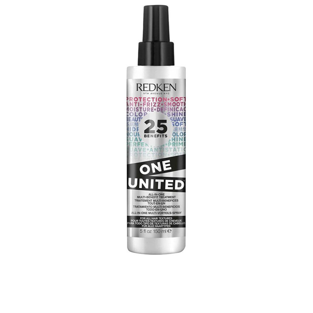 Flacon spray Redken One United. Flacon argenté avec tête de pulvérisation noire. Texte avec 25 bénéfices.