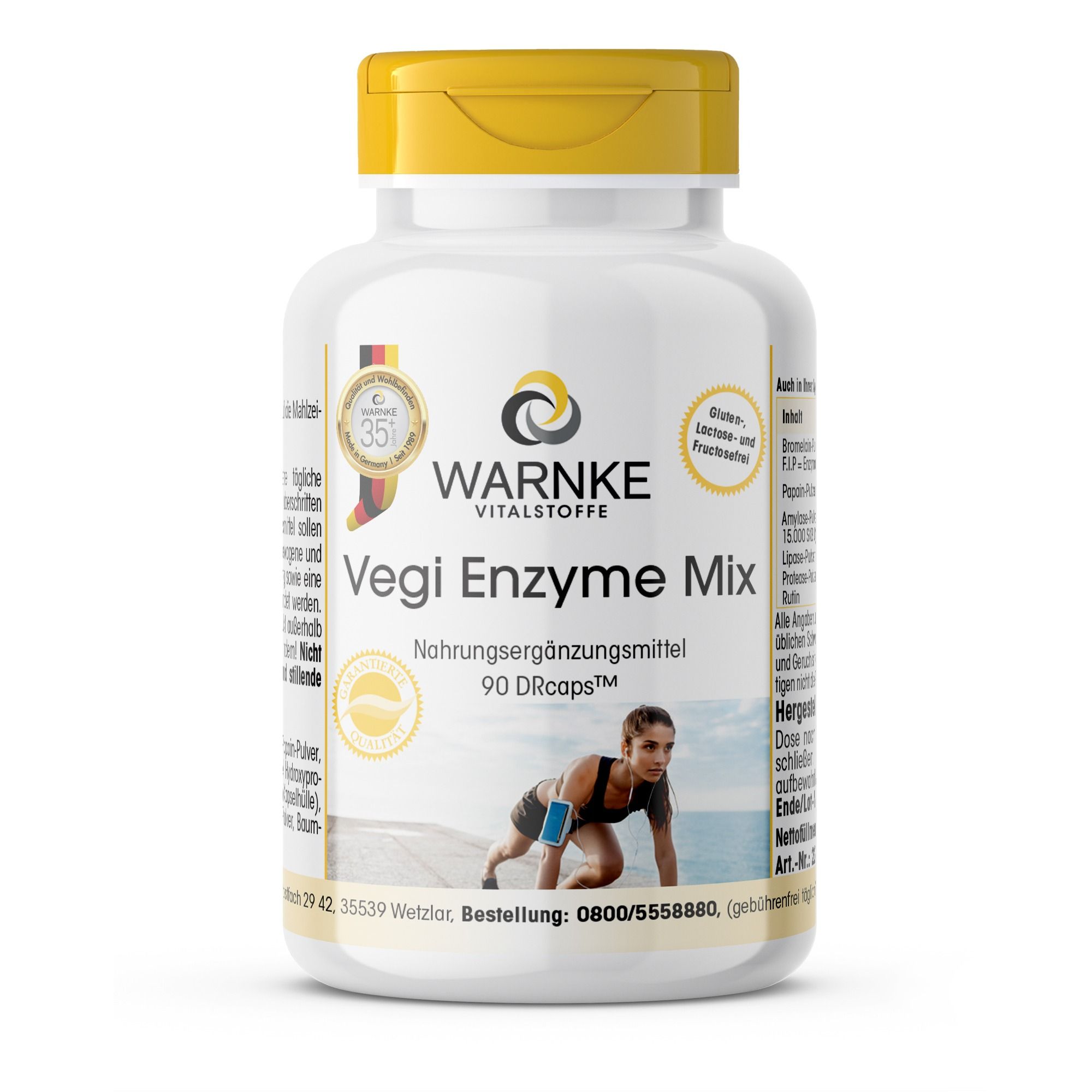 Witte pillenfles met gele dop. Opschrift: Warnke Vitalstoffe Vegi Enzyme Mix. 90 DRcaps. Met vrouw die sport.