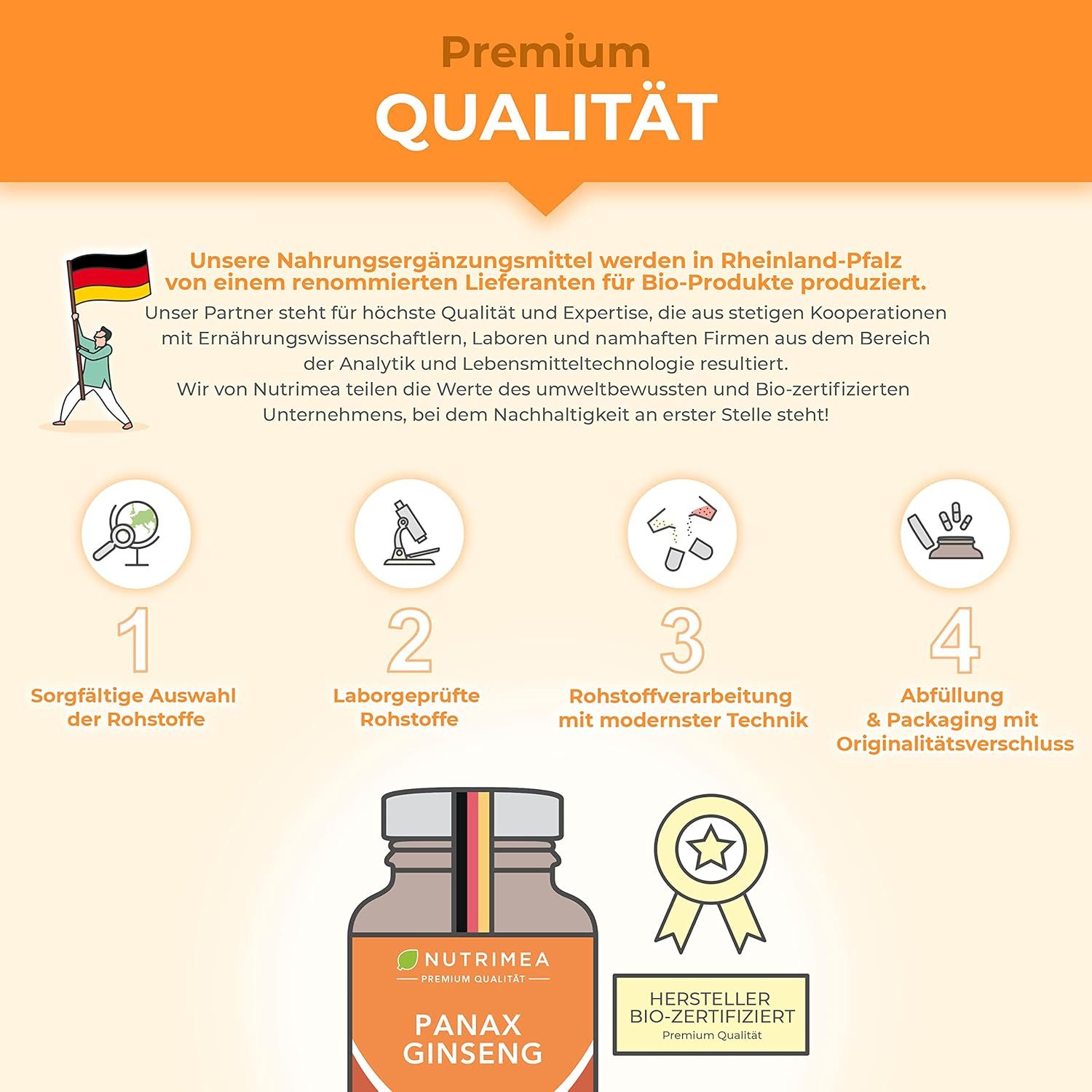 Infographie : 4 étapes pour une qualité supérieure. Sceau de certification. Flacon avec PANAX GINSENG. Texte : Qualité supérieure, certifié bio.