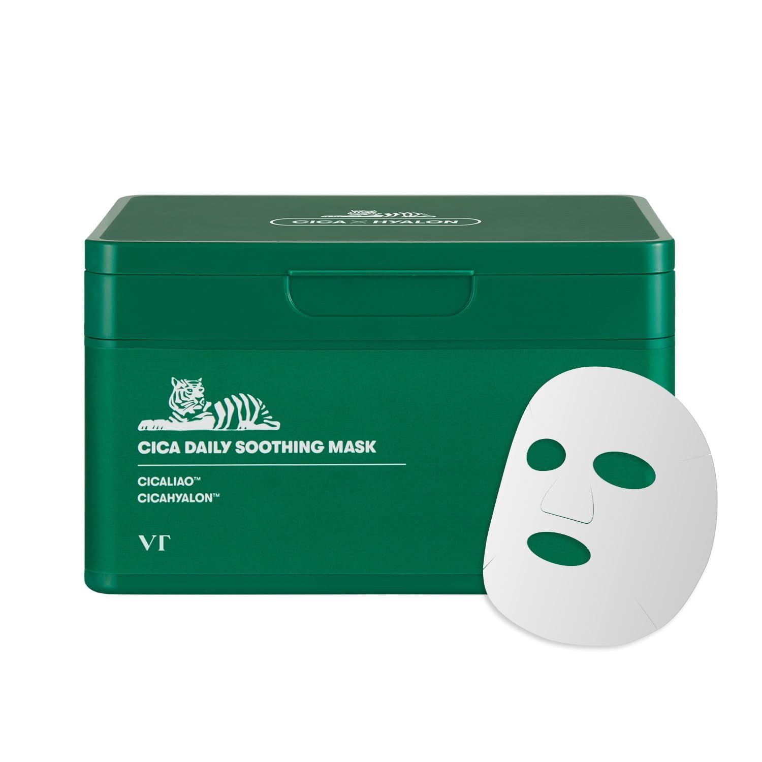Groene doos 'Cica Daily Soothing Mask' en gezichtsmasker ernaast. Tekst: CICALIAO, CICAHYALON. VT-logo.