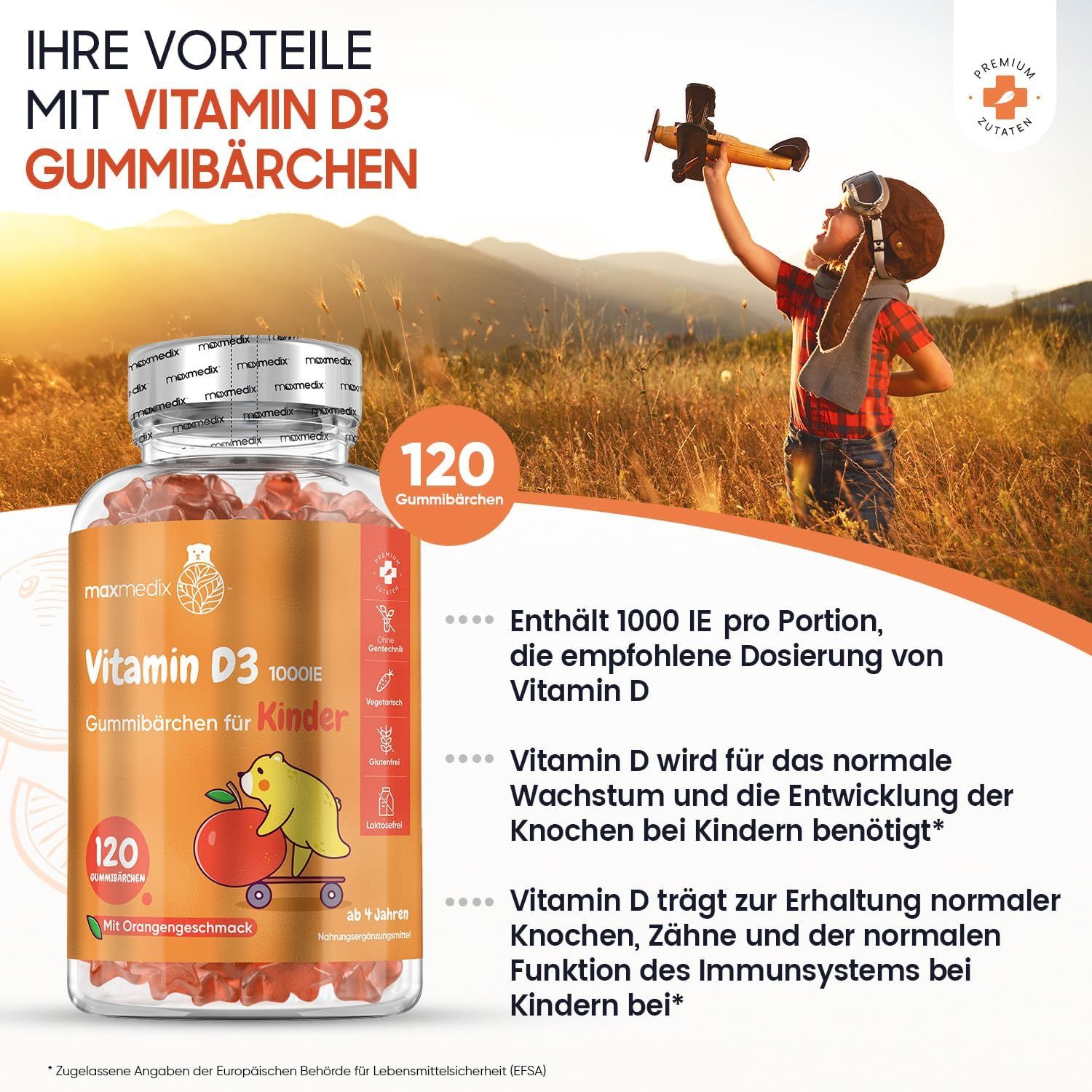 Gummies Vitamine D3, 120 pièces. Enfant avec avion jouet. Texte : maxmedix, 1000 UI, pour enfants. Avantages.