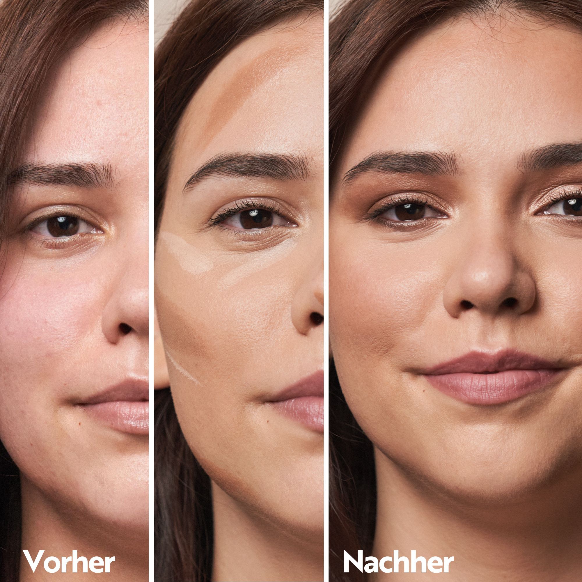 Trois photos montrent le visage d'une femme avant, pendant et après l'application du contour. Avant : non maquillée. Après : maquillée.