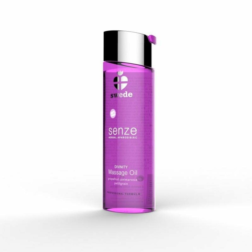 Bouteille violette avec bouchon argenté, Huile de massage Swede Senze Divinity.