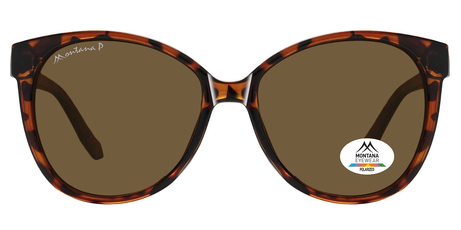 Lunettes de soleil marron avec monture marron. "Montana P" sur la monture. Autocollant "Montana Eyewear Polarized" sur un verre.