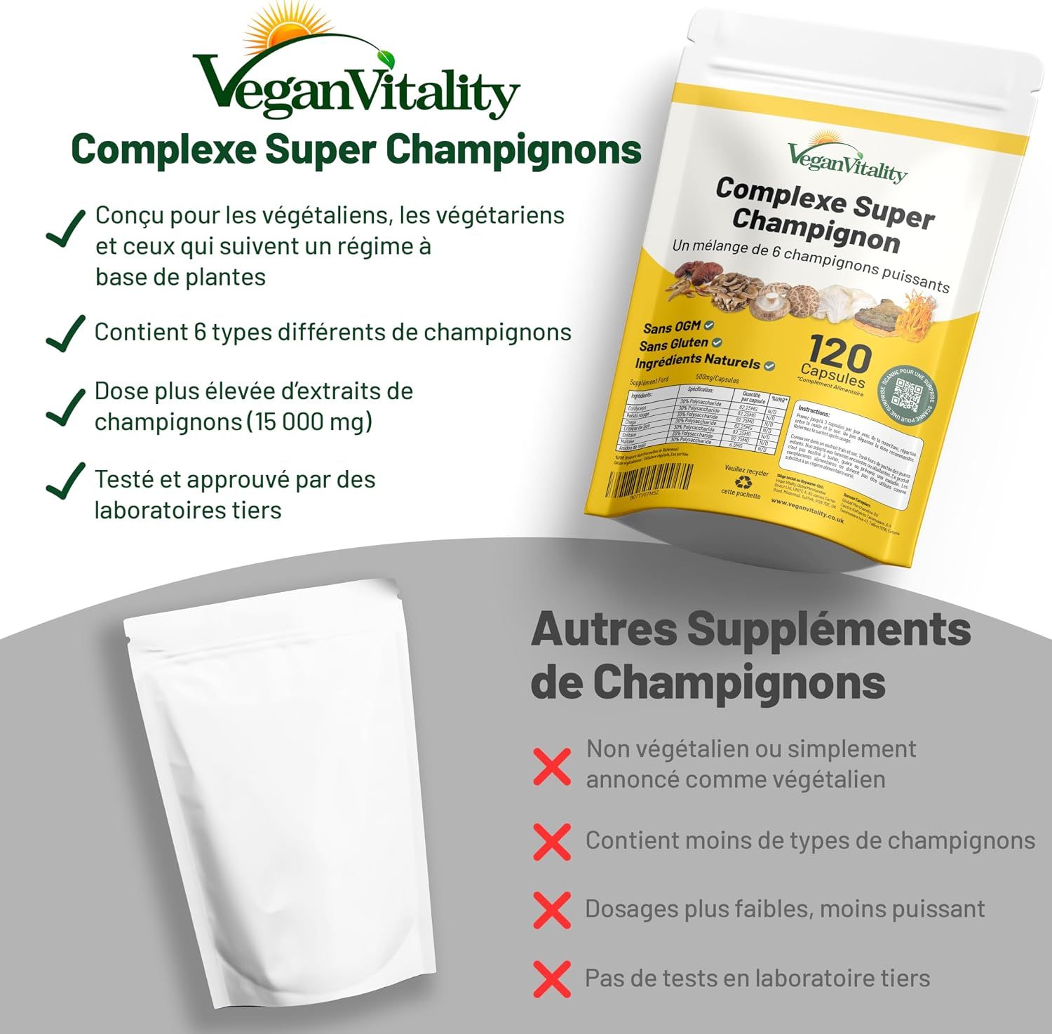 Sachet de VeganVitality Complexe Super Champignons, 120 capsules.