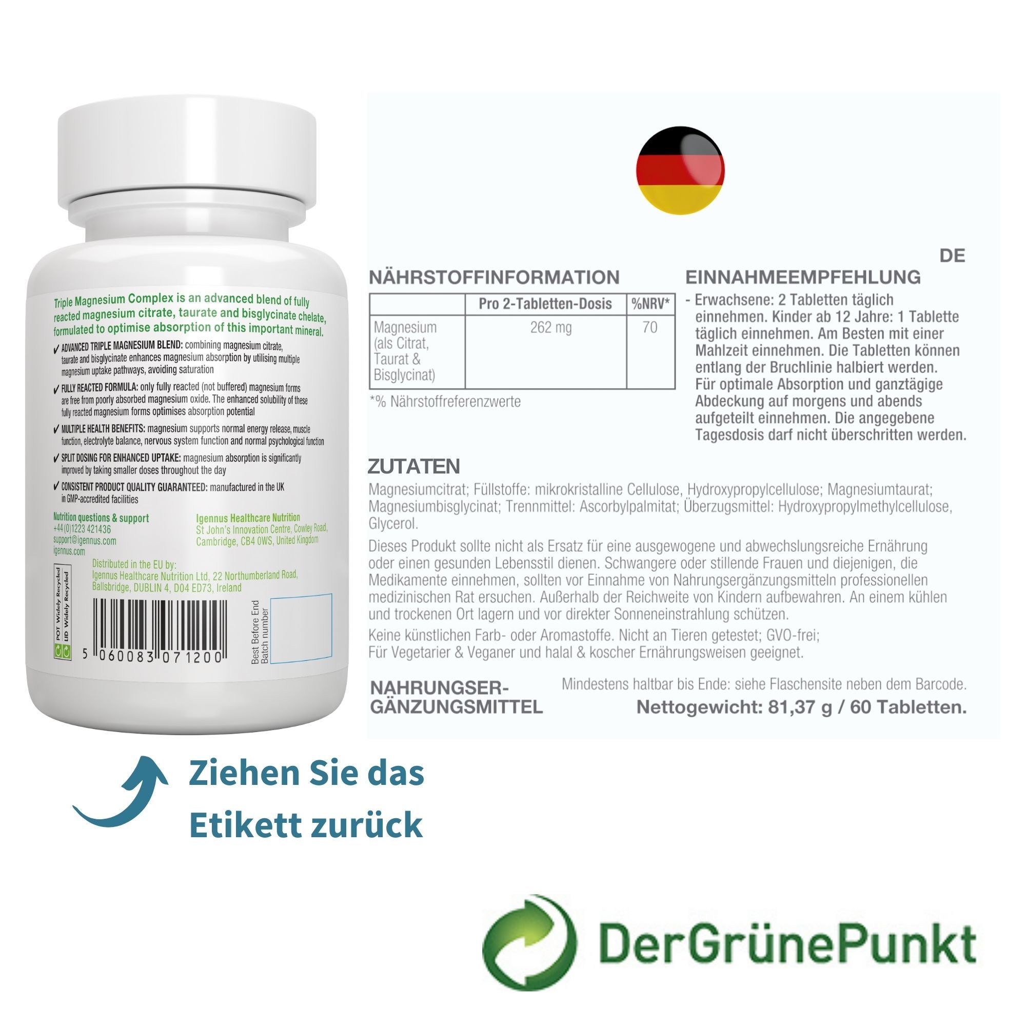 Arrière d'une bouteille avec informations nutritionnelles et instructions.