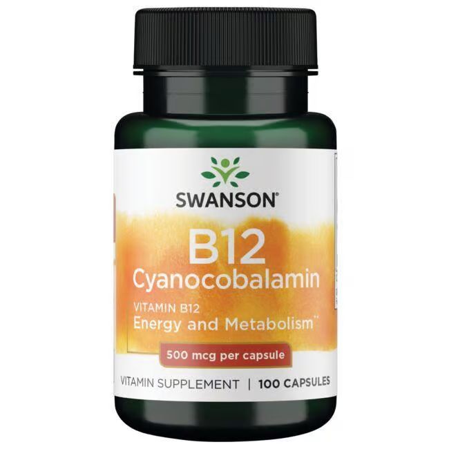 Flacon vert avec bouchon noir. Inscription: SWANSON B12 Cyanocobalamin, 500 mcg par capsule. 100 capsules.