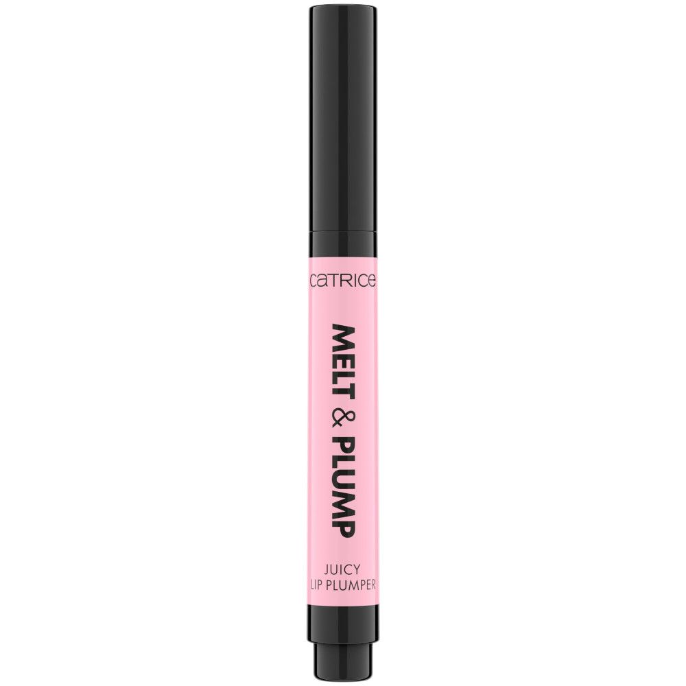 Catrice Melt & Plump repulpeur de lèvres. Tube rose avec bouchon noir. Inscription: MELT & PLUMP, JUICY LIP PLUMPER.