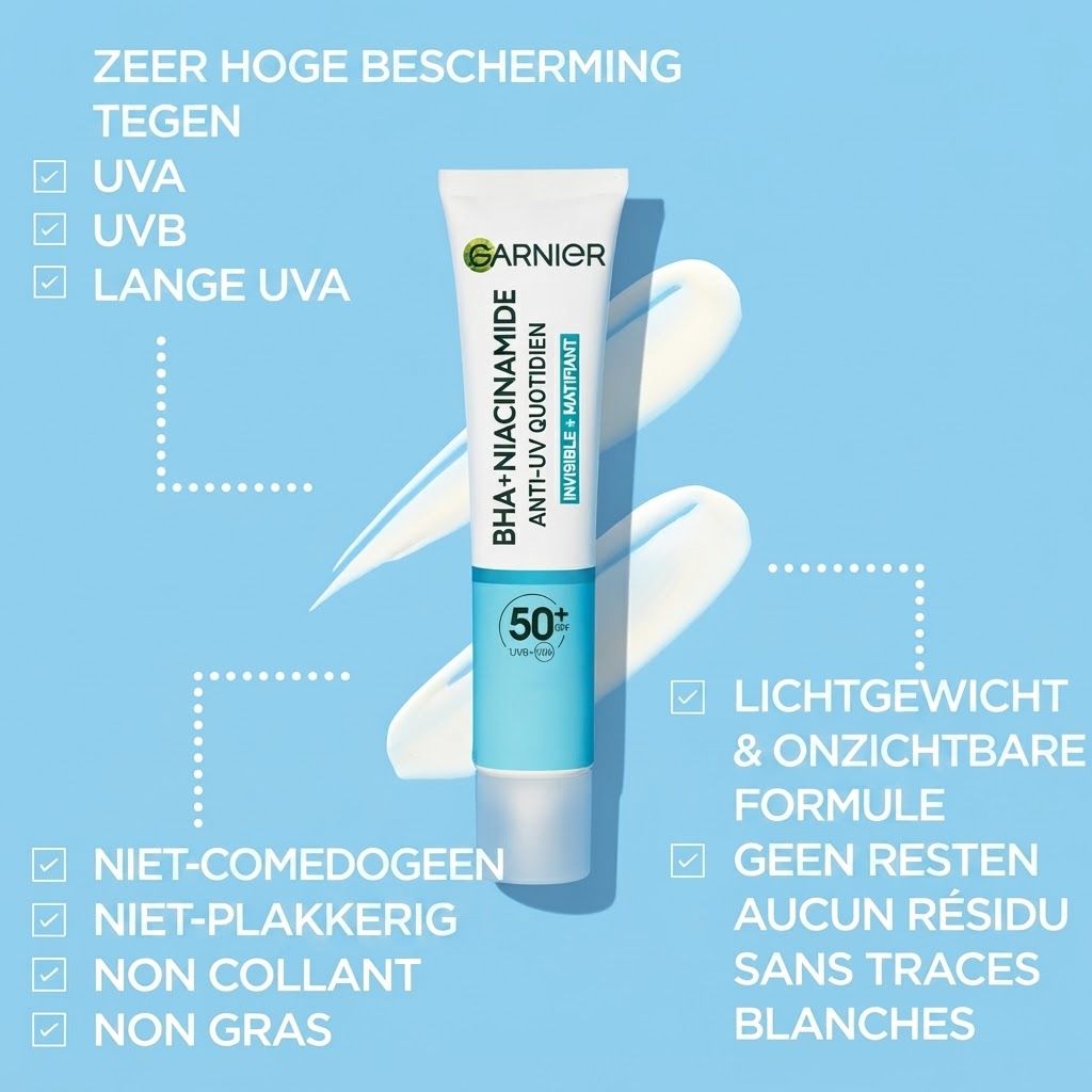 Garnier zonnebrandcrème tube SPF 50+, BHA+Niacinamide. Lichte, onzichtbare formule.