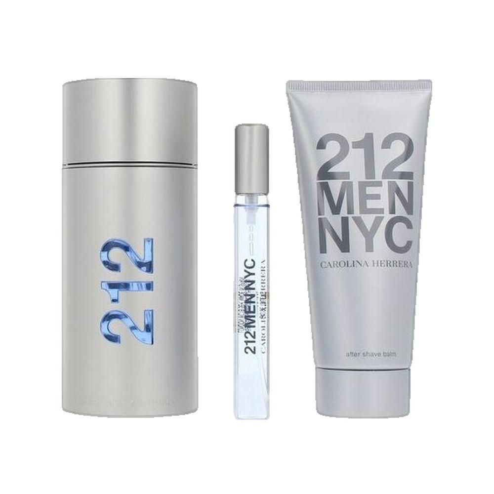 Set met drie producten: flacon, verstuiver en tube. Op alle producten staat "212 MEN NYC".