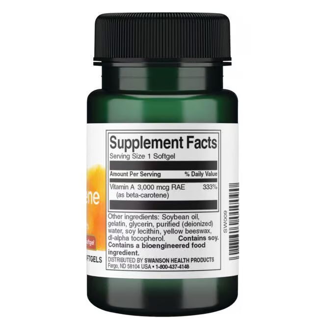 Flacon vert avec étiquette blanche. Contient des gélules de bêta-carotène. Inscription : Swanson, Supplement Facts, Vitamine A.