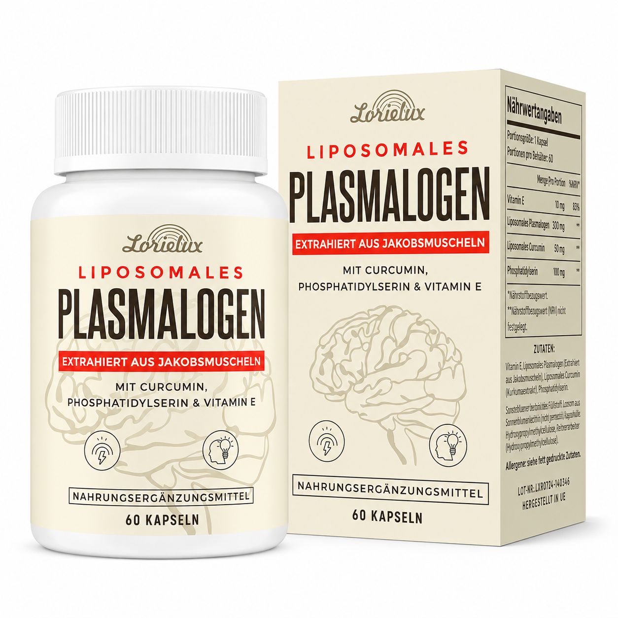 Gélules Lorielux Plasmalogen : flacon et boîte avec symbole de cerveau. Contient curcumine, phosphatidylsérine, vitamine E.