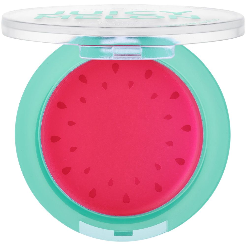 Ronde, turquoise houder met roze getinte lippen- en wangenbalsem. Deksel open. Watermeloen design.