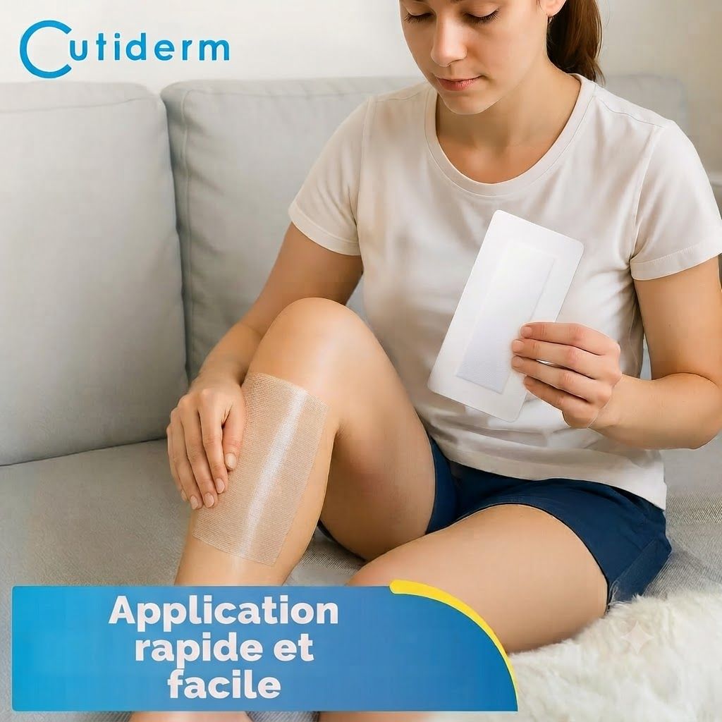 Femme appliquant une bande de cire sur sa jambe, tenant une autre bande.