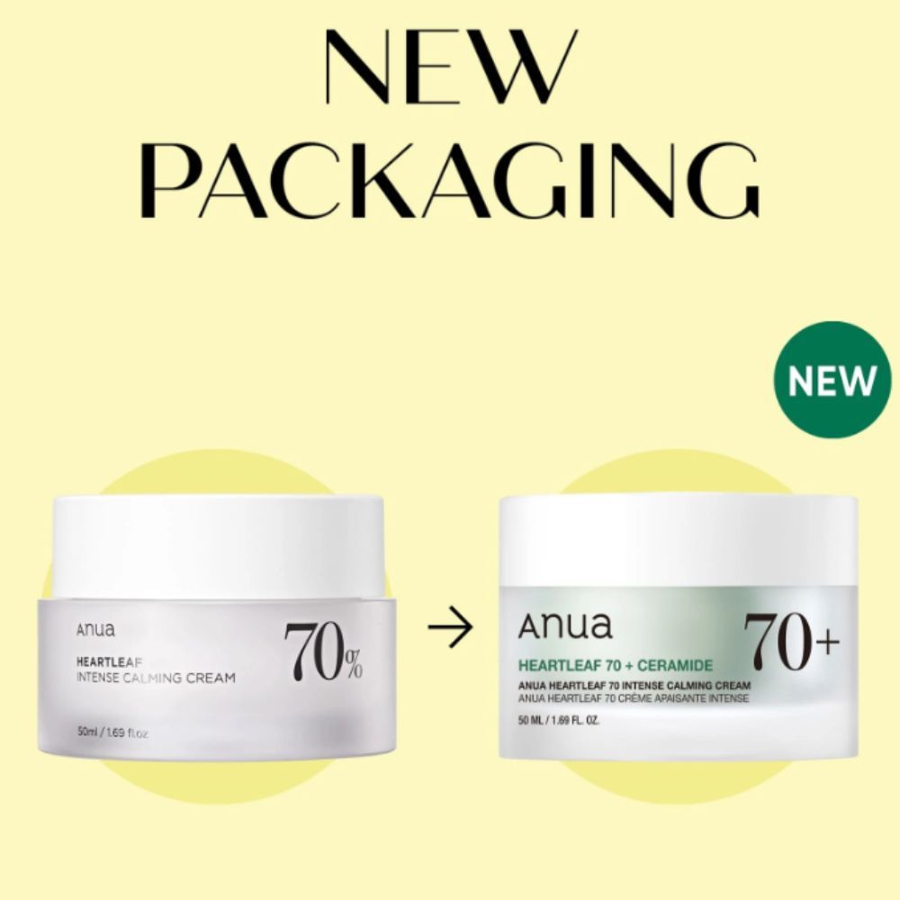 Comparaison des anciens et nouveaux emballages de la crème Anua Heartleaf 70% Intense Calming.