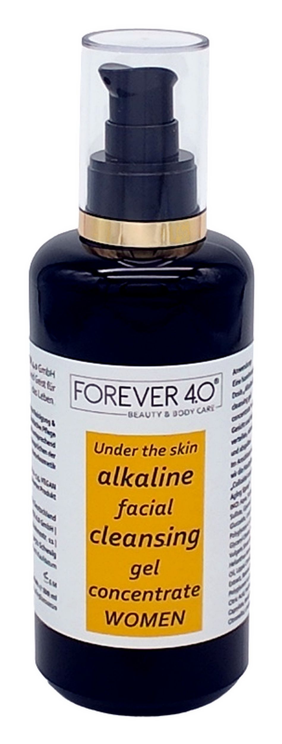 Flacon bleu foncé avec pompe noire. Inscription: FOREVER 4.0, alkaline facial cleansing gel concentrate WOMEN.