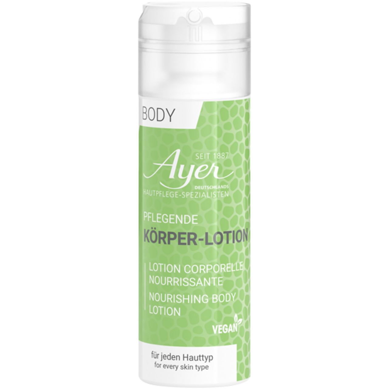Flacon de lotion pour le corps avec étiquette verte. Texte: Ayer, Pflegende Körper-Lotion, Vegan. Bouchon blanc.