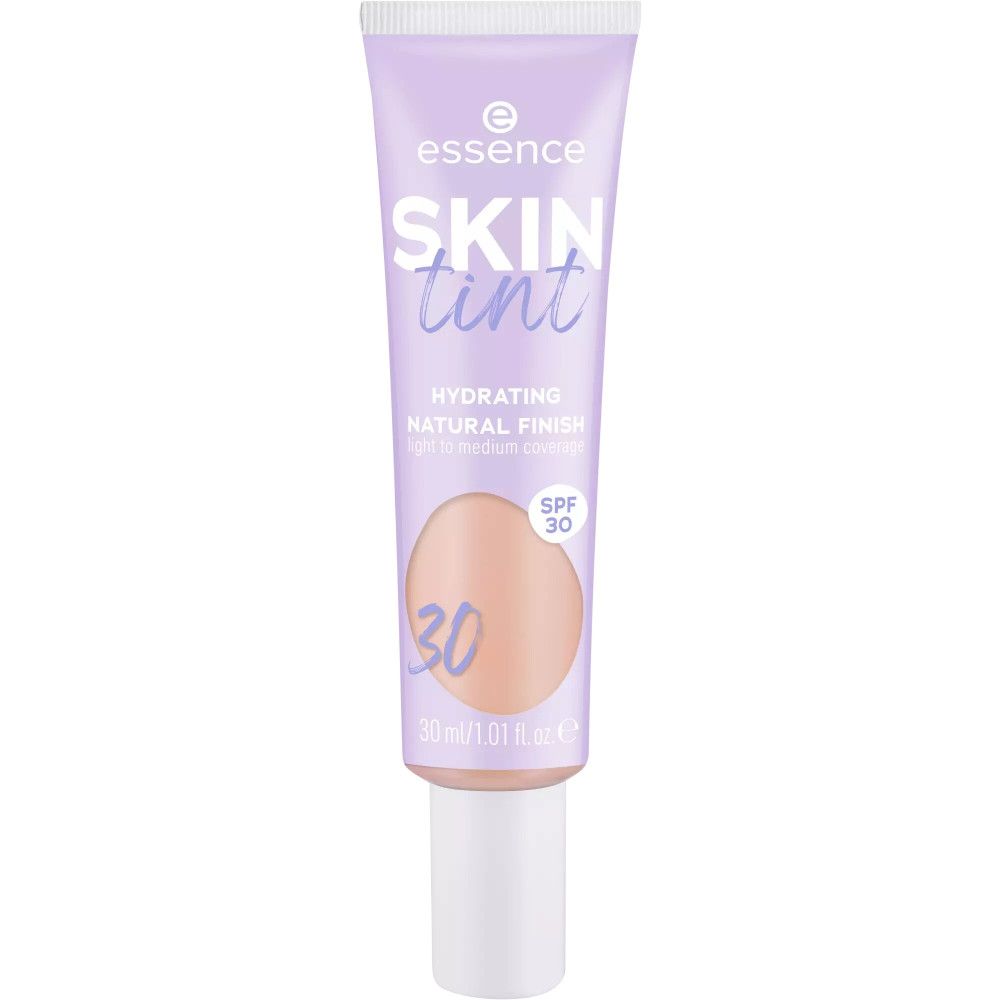 Fond de teint teinté en tube lilas. Bouchon blanc. Texte : Skin Tint, Hydrating, Natural Finish, SPF 30.