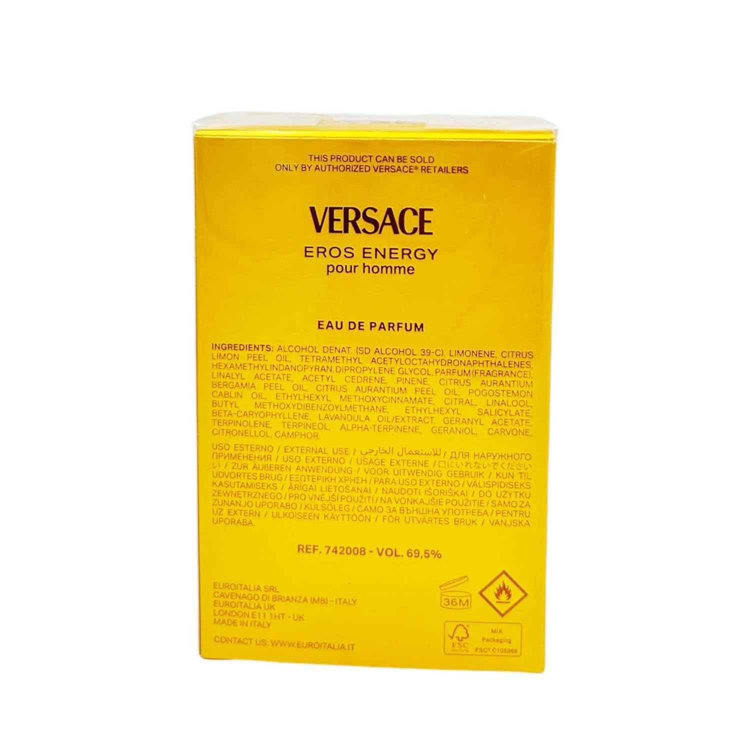Dos de l'emballage Versace Eros Energy EdP. Boîte jaune avec texte et ingrédients. Nom du produit et marque.