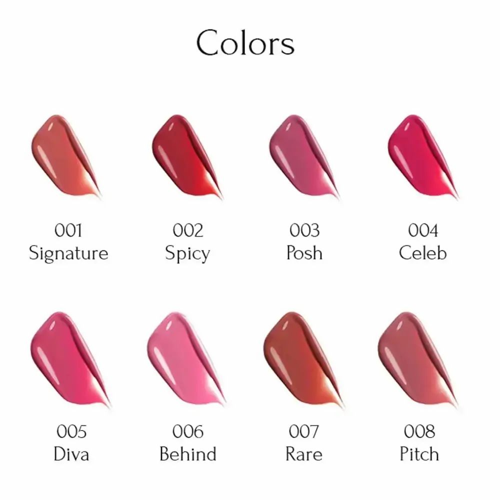 Kleurenpalet met acht lippenstiftkleuren. Elke kleur met naam en vlek. Opschrift: Colors.