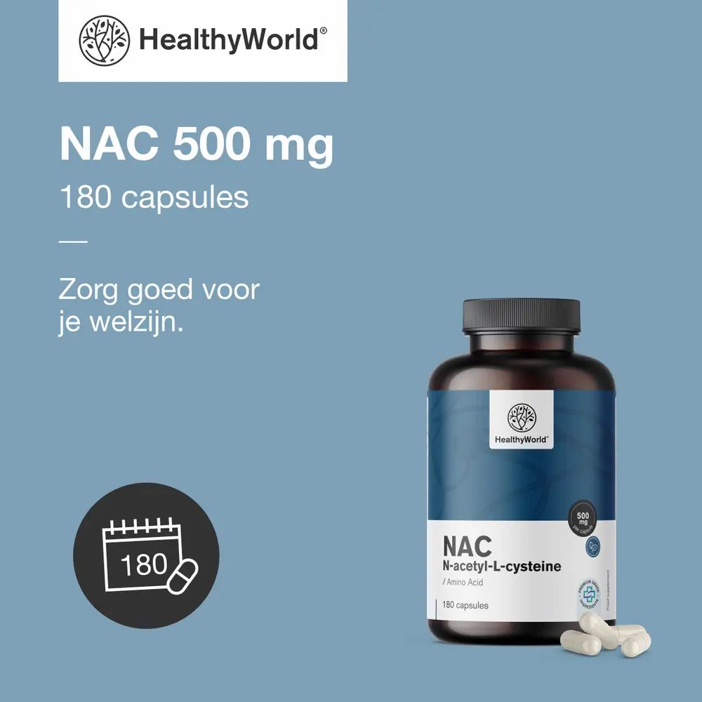 Productfles met capsules. Tekst: NAC 500 mg, 180 capsules. Logo: HealthyWorld. Tekst: Zorg goed voor je welzijn.