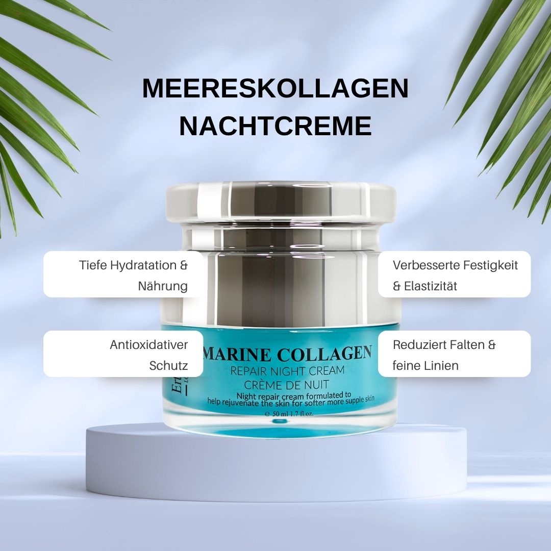 Crèmepot op sokkel. Marine Collagen Repair Night Cream. Turquoise opdruk. ErthSkin London. Tekst: Marine collageen nachtcrème.