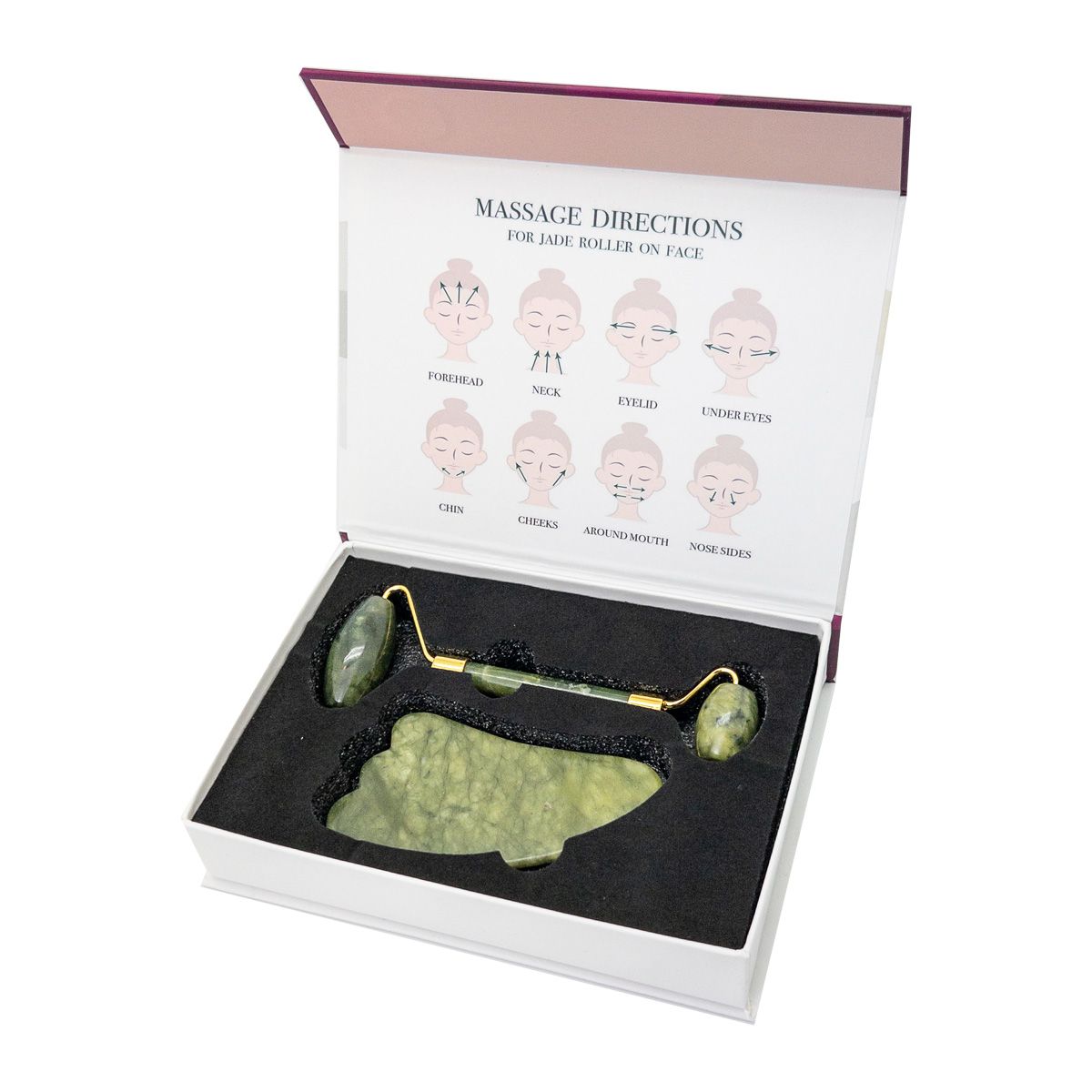 Set UNIQ Jade Roller + Guasha Stone vert minéral ouvert. Comprend des instructions de massage facial.