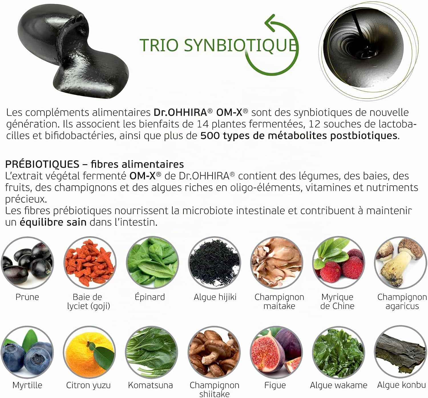 Produit organique noir brillant avec l'inscription "TRIO SYNBIOTIQUE".