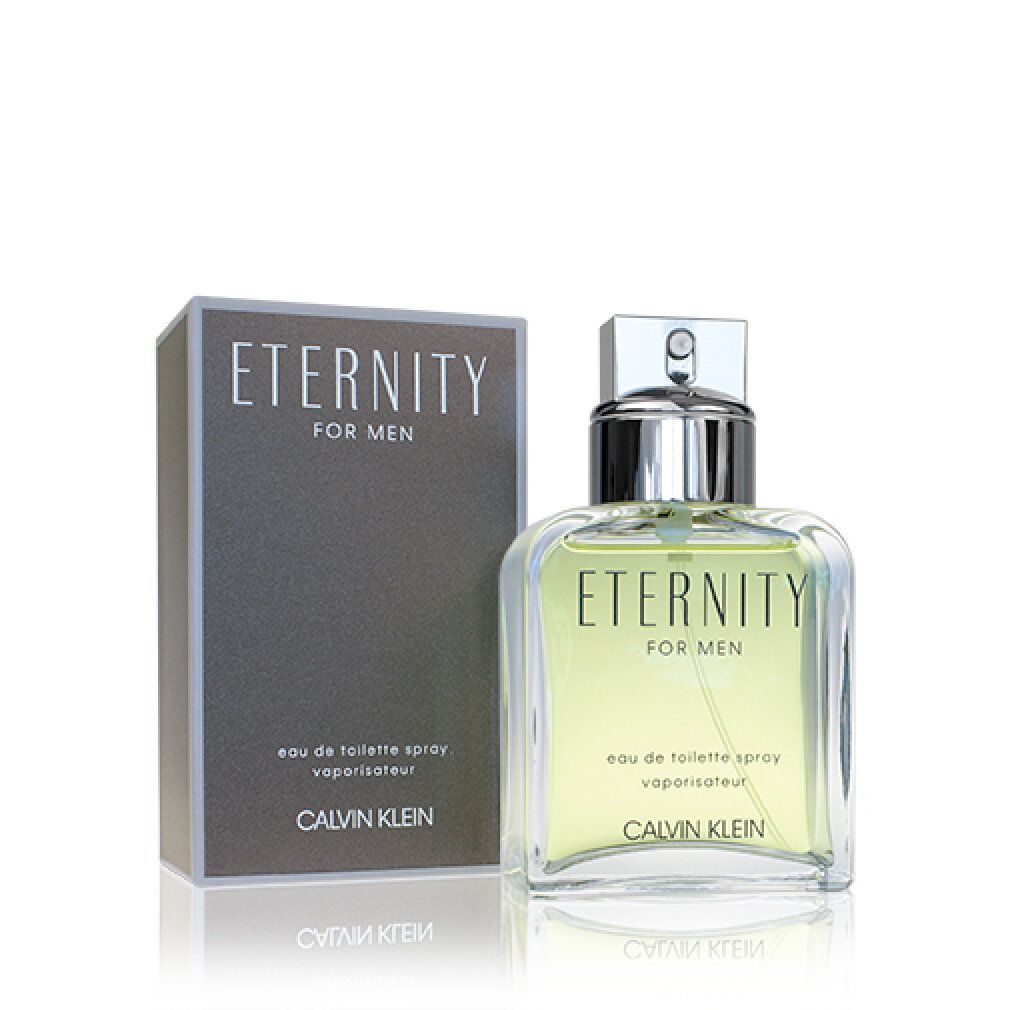Spray Eau de Toilette avec emballage. Inscription : Eternity for Men, Calvin Klein. Flacon avec bouchon argenté.