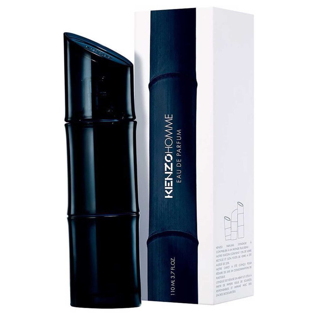 Flacon bleu foncé et emballage. L'emballage porte la mention KENZO HOMME Eau de Parfum.