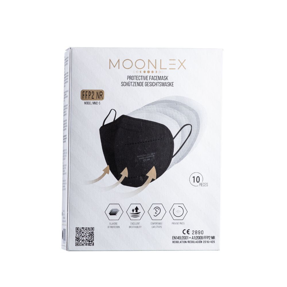 Boîte de masques FFP2 noirs. Marque : Moonlex. 10 pièces. Certification CE 2890. Masque de protection.