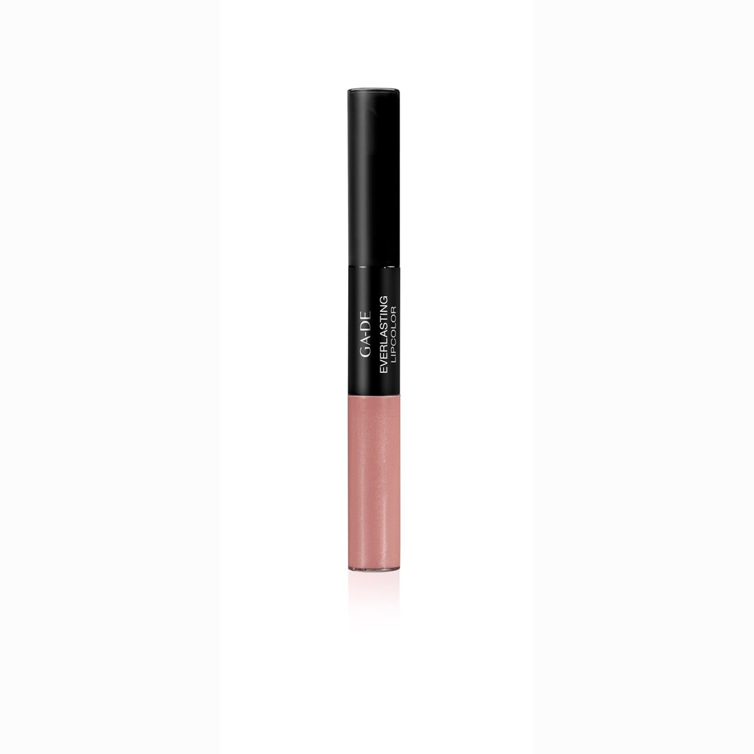 Ga-De Everlasting Lipcolor. Dubbelzijdige lippenstift met zwarte dop en roze lippenstift. Opschrift: Ga-De, Everlasting Lipcolor.
