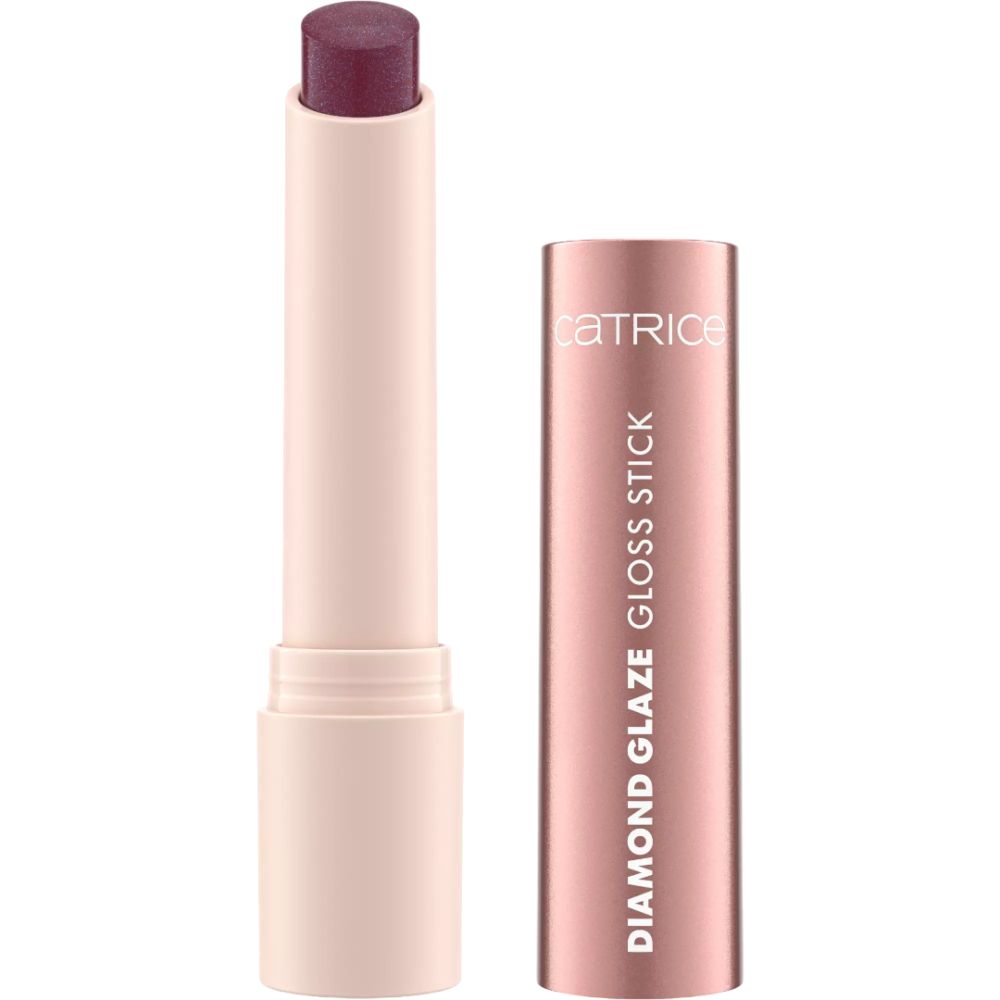 Catrice Diamond Glaze Gloss Stick. Open roze lipstick met donkerrode punt. Daarnaast de huls met opschrift.