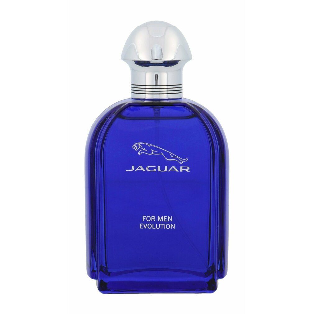 Flacon de parfum bleu avec bouchon argenté. Inscription: Jaguar, For Men Evolution.