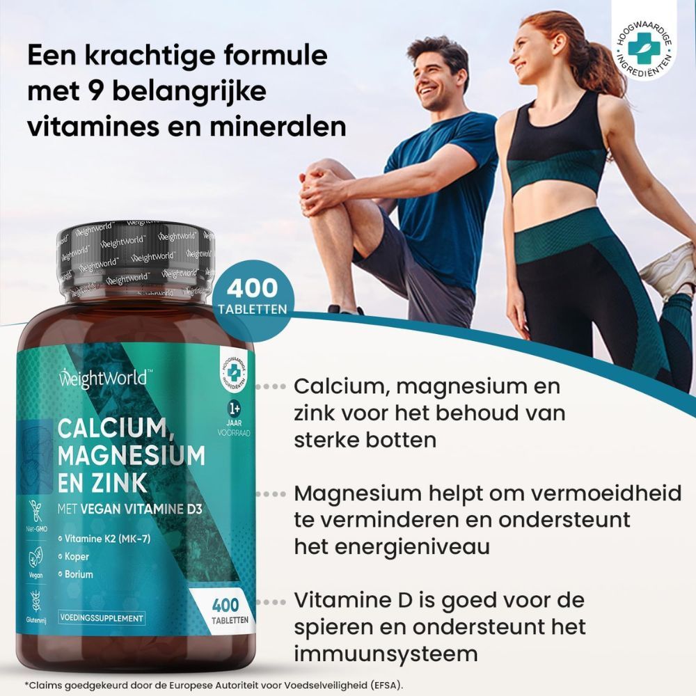 WeightWorld Calcium, Magnesium & Zink fles. 400 tabletten. 9 vitaminen & mineralen. Calcium, magnesium, zink voor sterke botten.