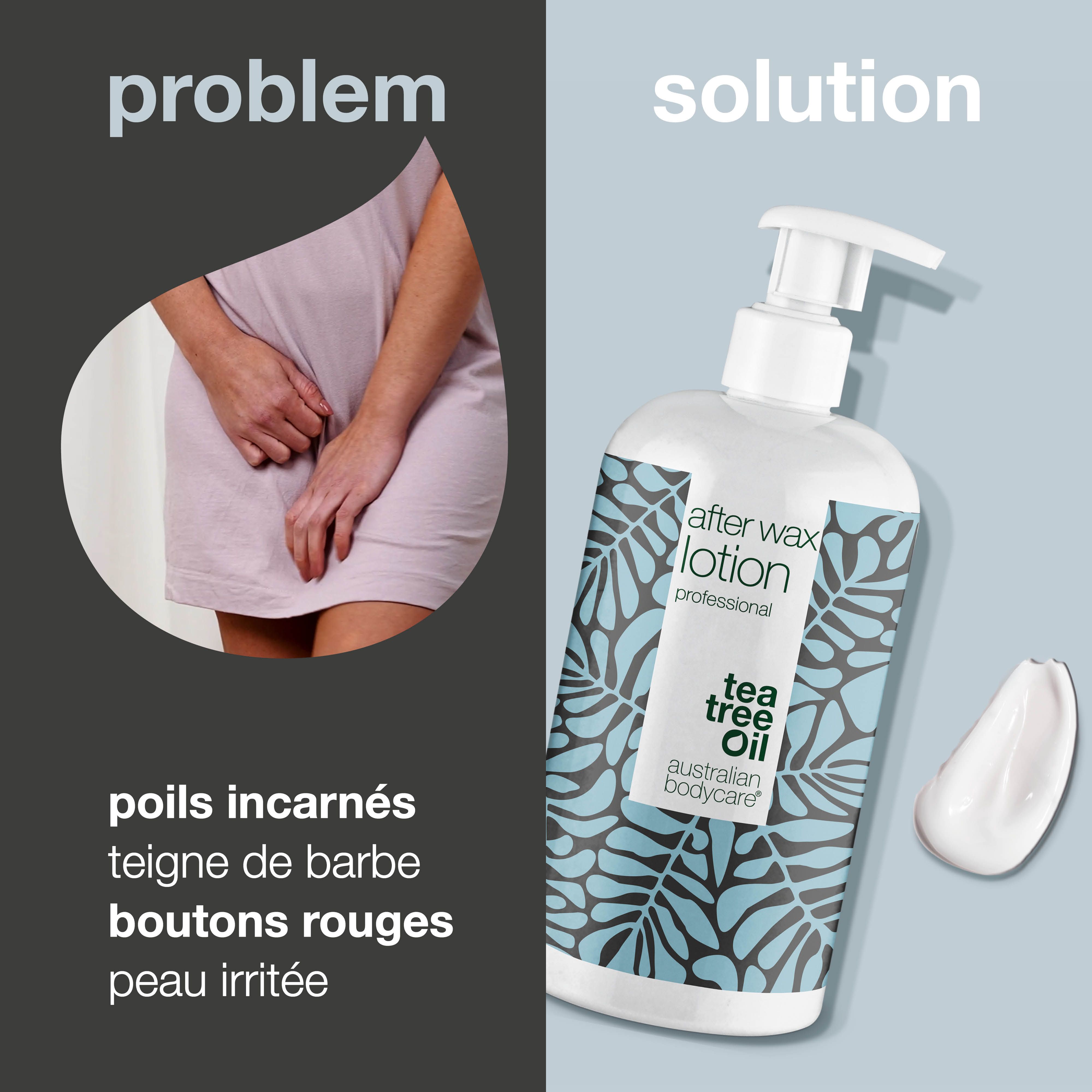 Flacon et partie de peau. Texte : poils incarnés, teigne de barbe, boutons rouges. Solution : After Wax Lotion.