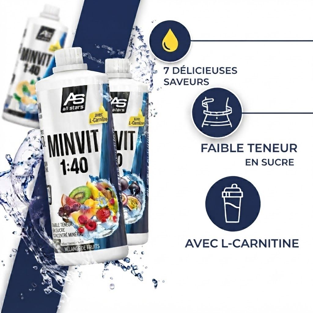 Plusieurs bouteilles All Stars MINVIT 1:40 avec illustrations de fruits et icônes.